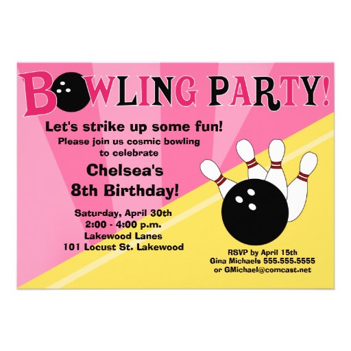 Bowling Party Invitation -Pink and Yellow