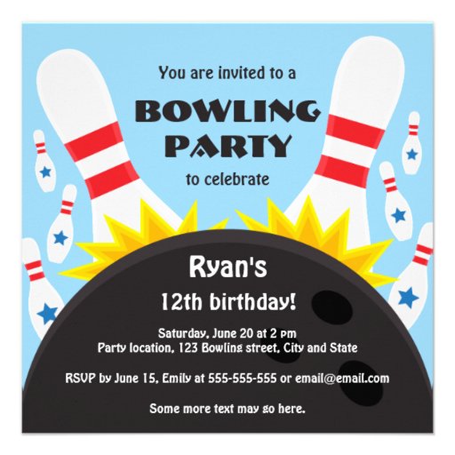 Bowling party invitation with bowling ball, blue