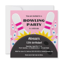 Bowling party invitation with bowling ball, pink