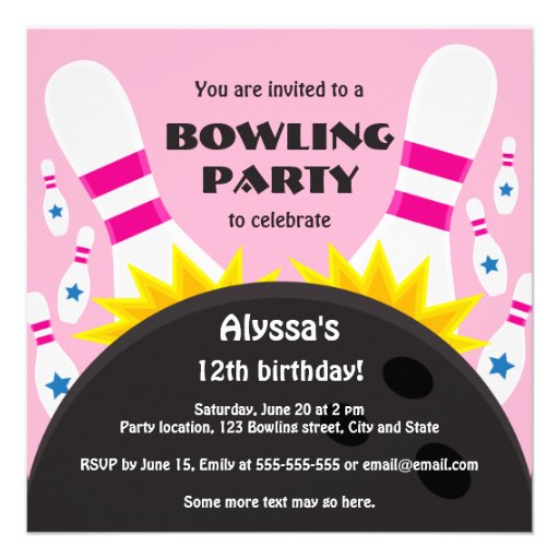 Bowling party invitation with bowling ball, pink