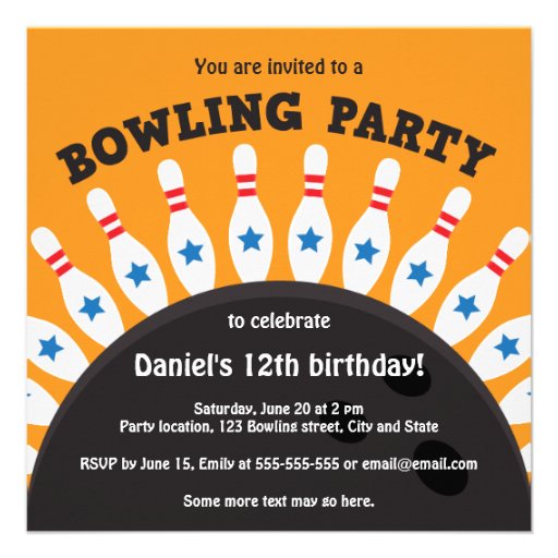 Bowling party invite with bowling ball and pins