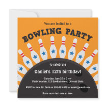 Bowling party invite with bowling ball and pins