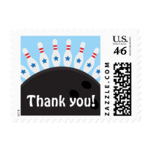 Bowling party thank you postage stamps, blue