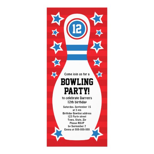 Bowling pin birthday party invitation with stars