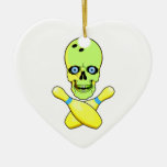 bowling skull and cross pin yellow green christmas ornament