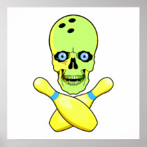 bowling skull and cross pin yellow green posters