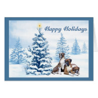 Boxer Christmas Blue Tree Greeting Card