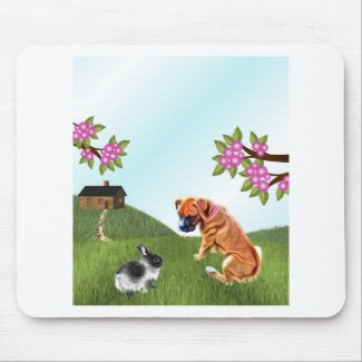 Boxer Pup and Bunny in Grass Mouse Pad