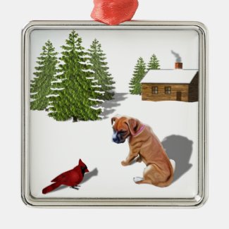 Boxer Pup and Cardinal Square Metal Christmas Ornament