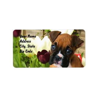 Boxer puppy in tulips address labels