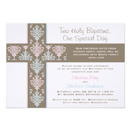 Boy and Girl Twin Christening  Invitation (front side)