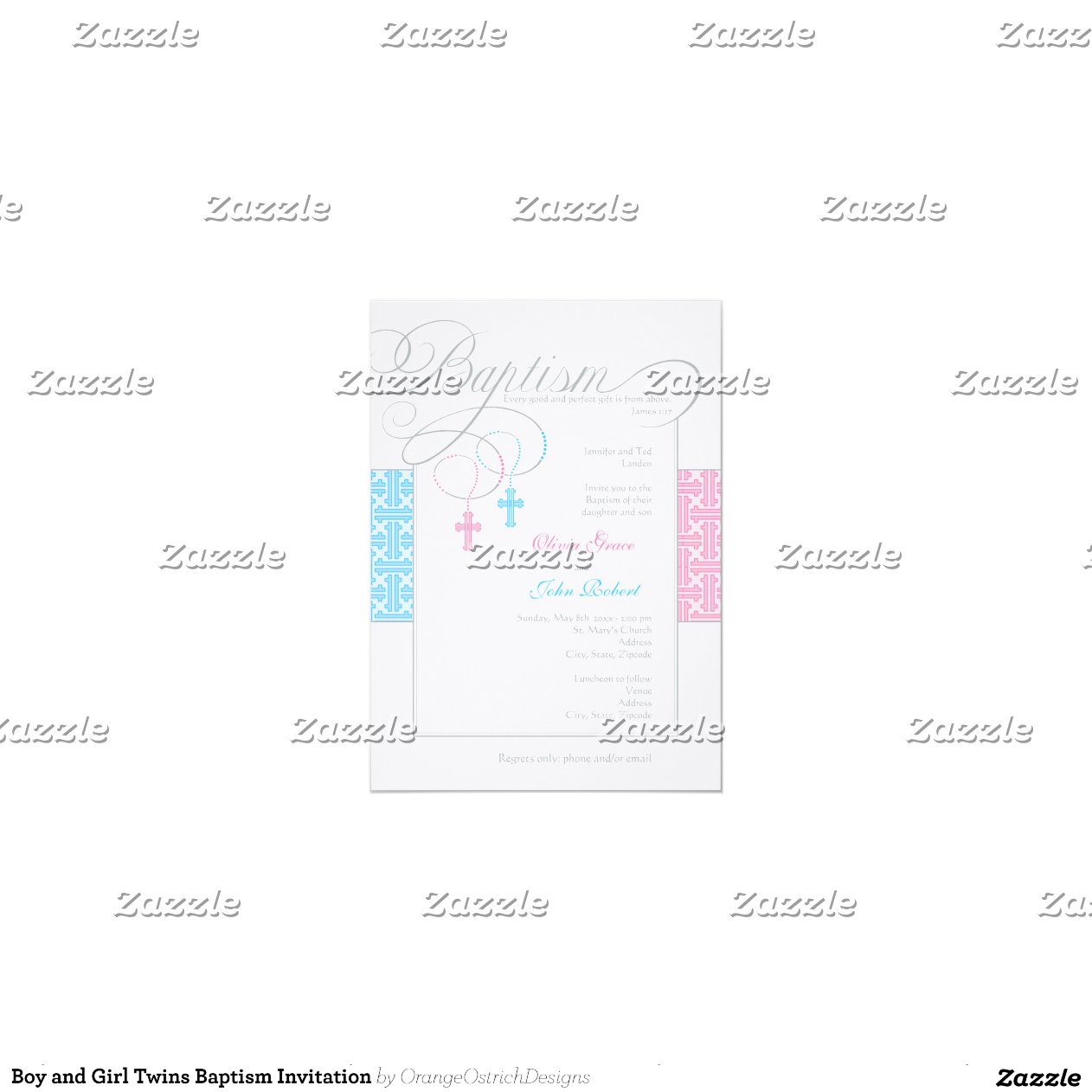 Boy and Girl Twins Baptism Invitation 5" X 7" Invitation Card Zazzle