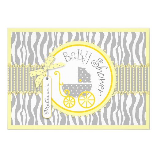 BOY Baby Carriage, Zebra Print, Yellow Baby Shower Announcement