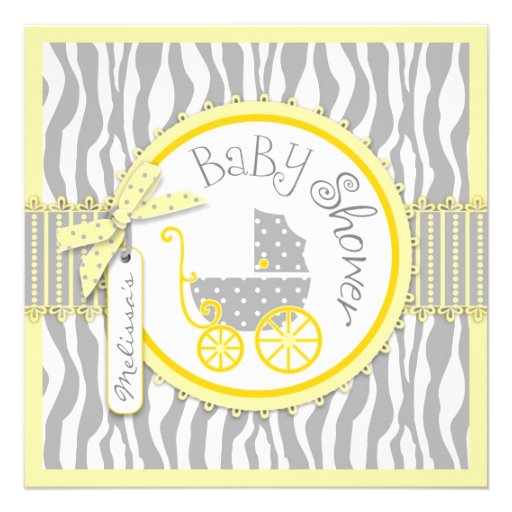 BOY Baby Carriage, Zebra Print, Yellow Baby Shower Personalized Announcement