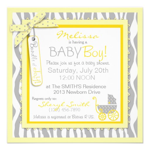 BOY Baby Carriage, Zebra Print, Yellow Baby Shower Personalized Announcement