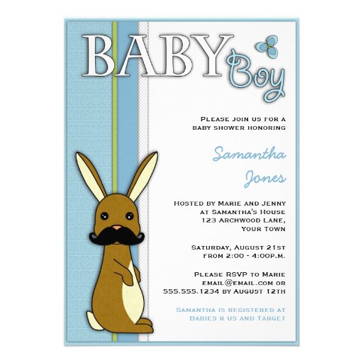 Boy Baby Shower Cute Bunny with Mustache - Blue Announcement