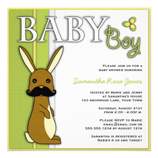 Boy Baby Shower Cute Bunny with Mustache - Green Personalized Invitation