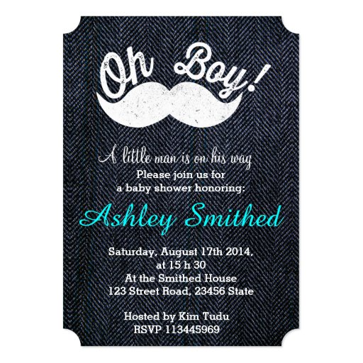 Boy Baby Shower Funny White Mustache Blue Denim Personalized Announcements
