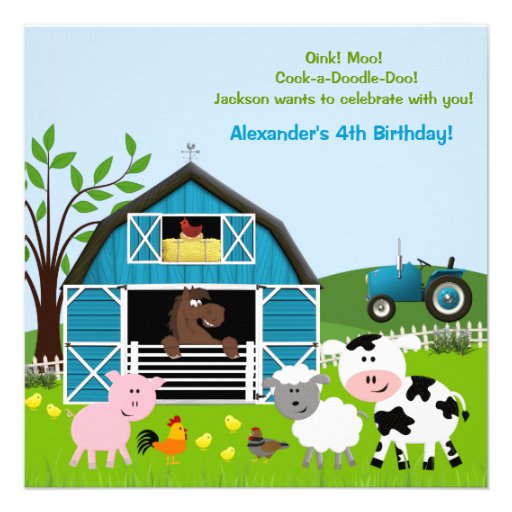 Boy Barnyard Farm Animals Birthday Invitations