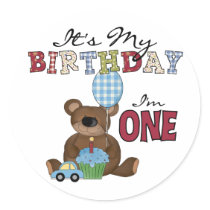 Boy Bear 1st Birthday Tshirts and Gifts Round Stickers
