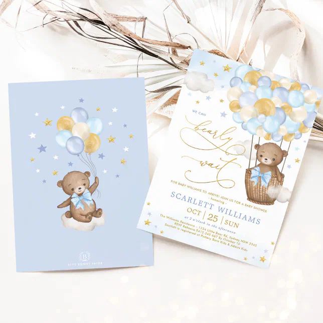 Boy Bear Hot Air Balloon Blue Gold Sky Baby Shower Invitation Zazzle