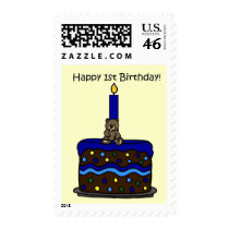 boy bear on cake 1st birthday postage
