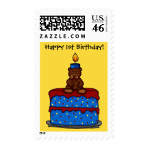 boy bear on cake 1st birthday stamp