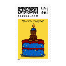 boy bear on cake birthday party invitation stamp