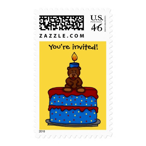 boy bear on cake birthday party invitation stamp