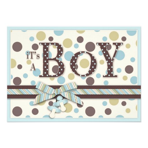 BOY Blue Sage Brown Dots Baby Shower Invitation