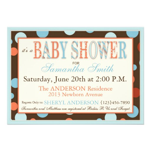 BOY Brown Blue Orange Dots Baby Shower Personalized Invitation