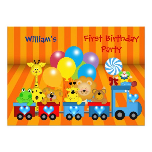 Boy First Birthday 1st Train Zoo Animals Party Custom Announcement