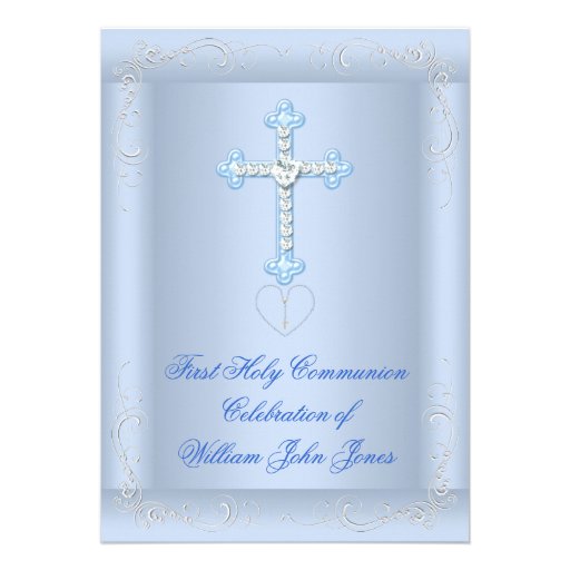 Boy First Holy Communion Silver Blue Announcement (front side)