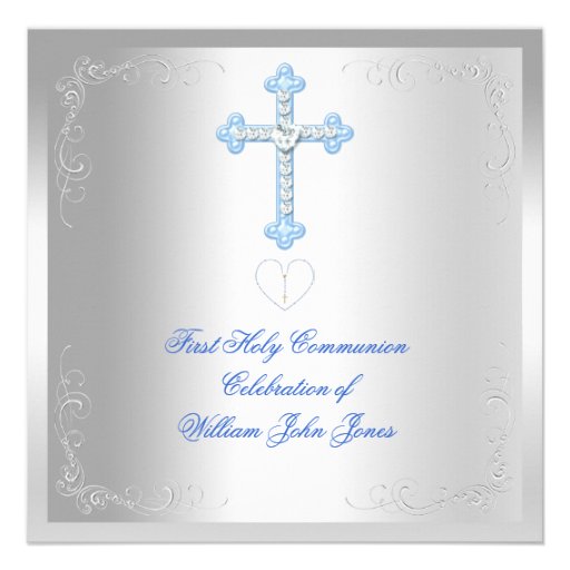 Boy First Holy Communion Silver Blue Custom Invitation