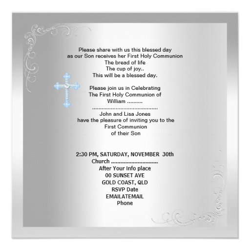 Boy First Holy Communion Silver Blue Custom Invitation