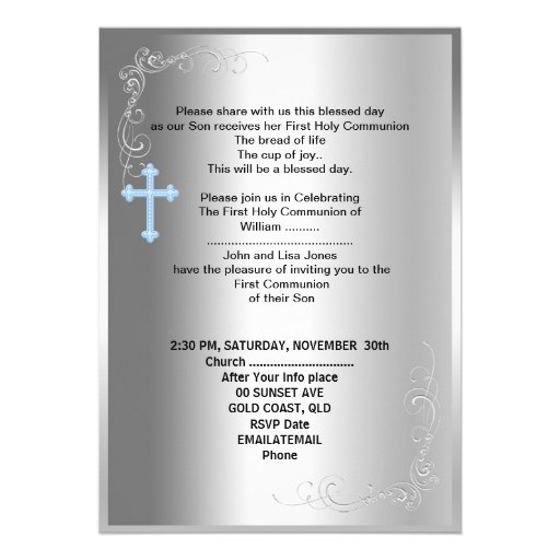 Boy First Holy Communion Silver Blue Custom Invites