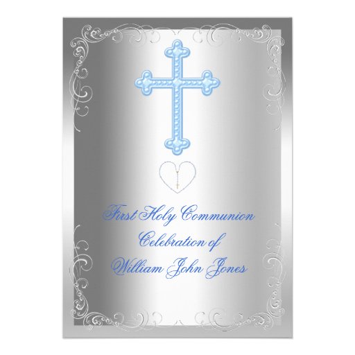Boy First Holy Communion Silver Blue Custom Invites (front side)