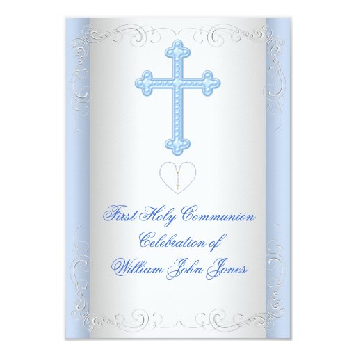 Boy First Holy Communion Silver Blue Invitations (front side)