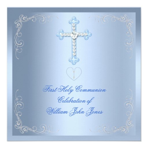 Boy First Holy Communion Silver Blue Invite