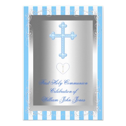 Boy First Holy Communion Silver Blue Stripe Personalized Announcements