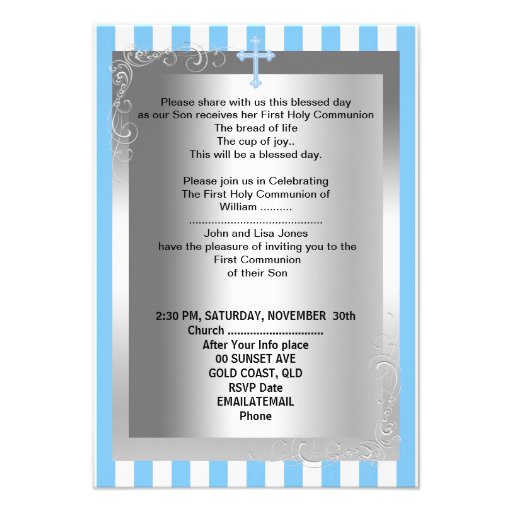 Boy First Holy Communion Silver Blue Stripe Personalized Announcements