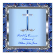 Boy First Holy Communion Silver Royal Blue 4 5.25" Square Invitation Card