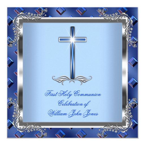 Boy First Holy Communion Silver Royal Blue 4 Personalized Invites (front side)