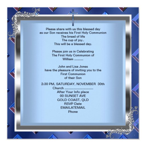 Boy First Holy Communion Silver Royal Blue 4 Personalized Invites