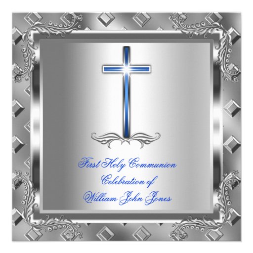 Boy First Holy Communion Silver Royal Blue 6 Personalized Invitation