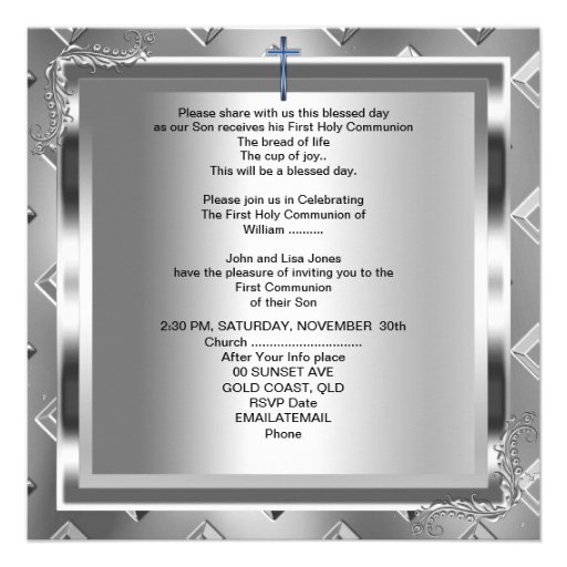 Boy First Holy Communion Silver Royal Blue 6 Personalized Invitation