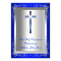 Boy First Holy Communion Silver Royal Blue Personalized Invites