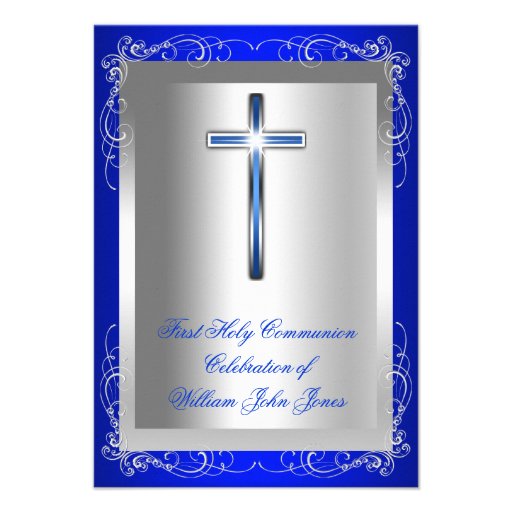 Boy First Holy Communion Silver Royal Blue Personalized Invites (front side)