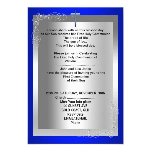 Boy First Holy Communion Silver Royal Blue Personalized Invites