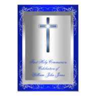 Boy First Holy Communion Silver Royal Blue 3.5" X 5" Invitation Card